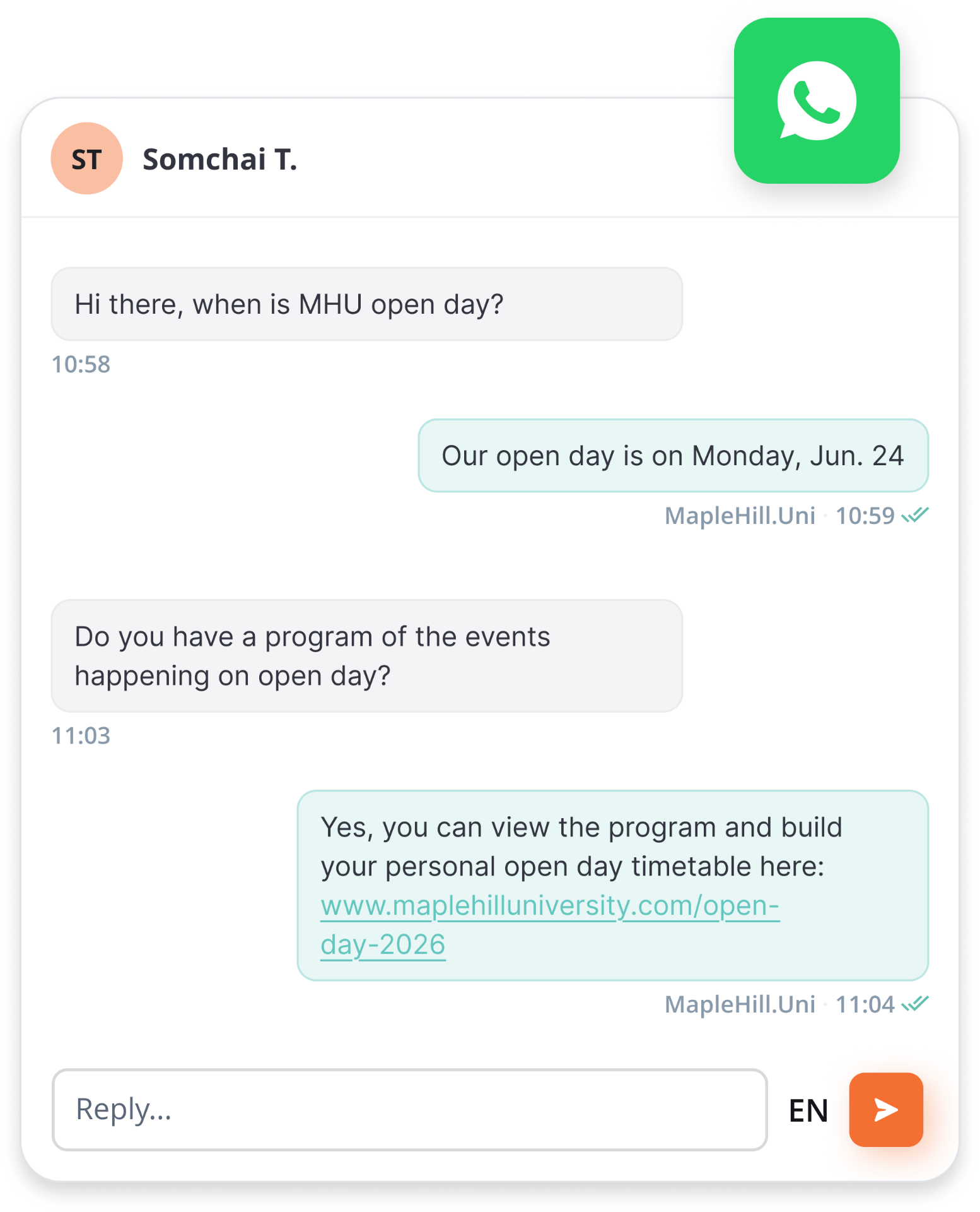 One-to-one WhatsApp conversation between a student and a university about an open day