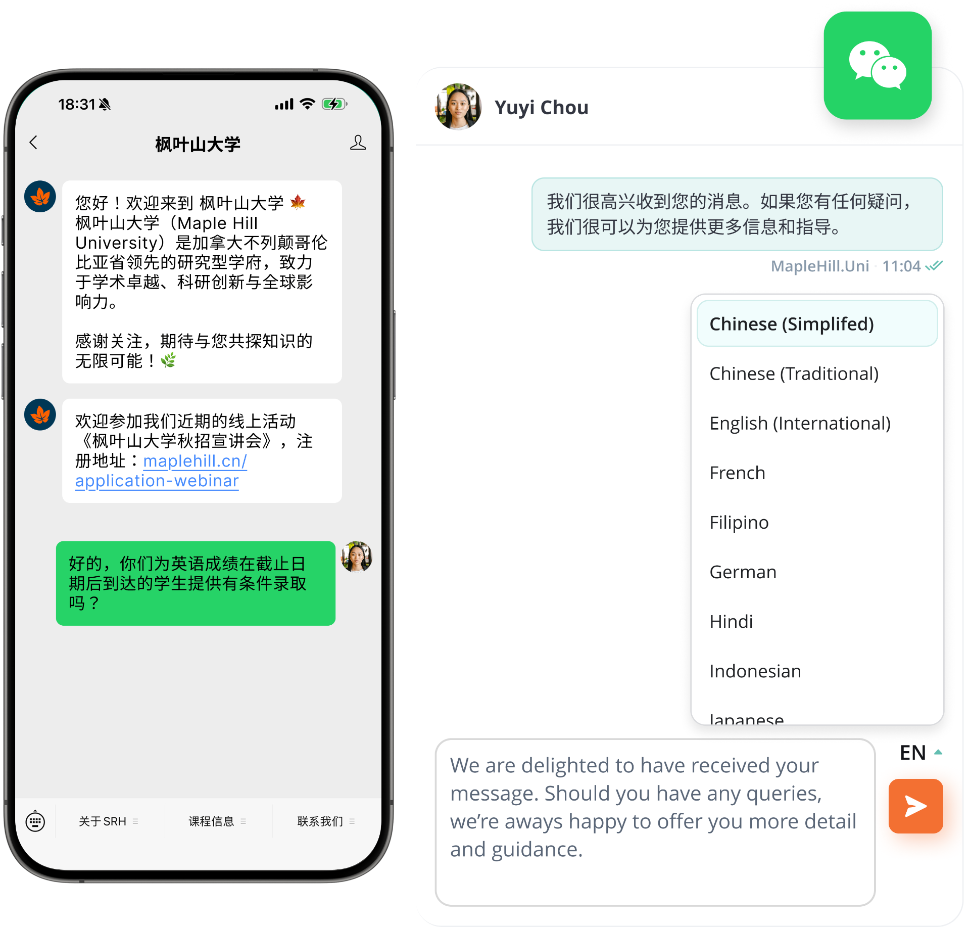 WeChat conversation with auto-translation and a menu of languages