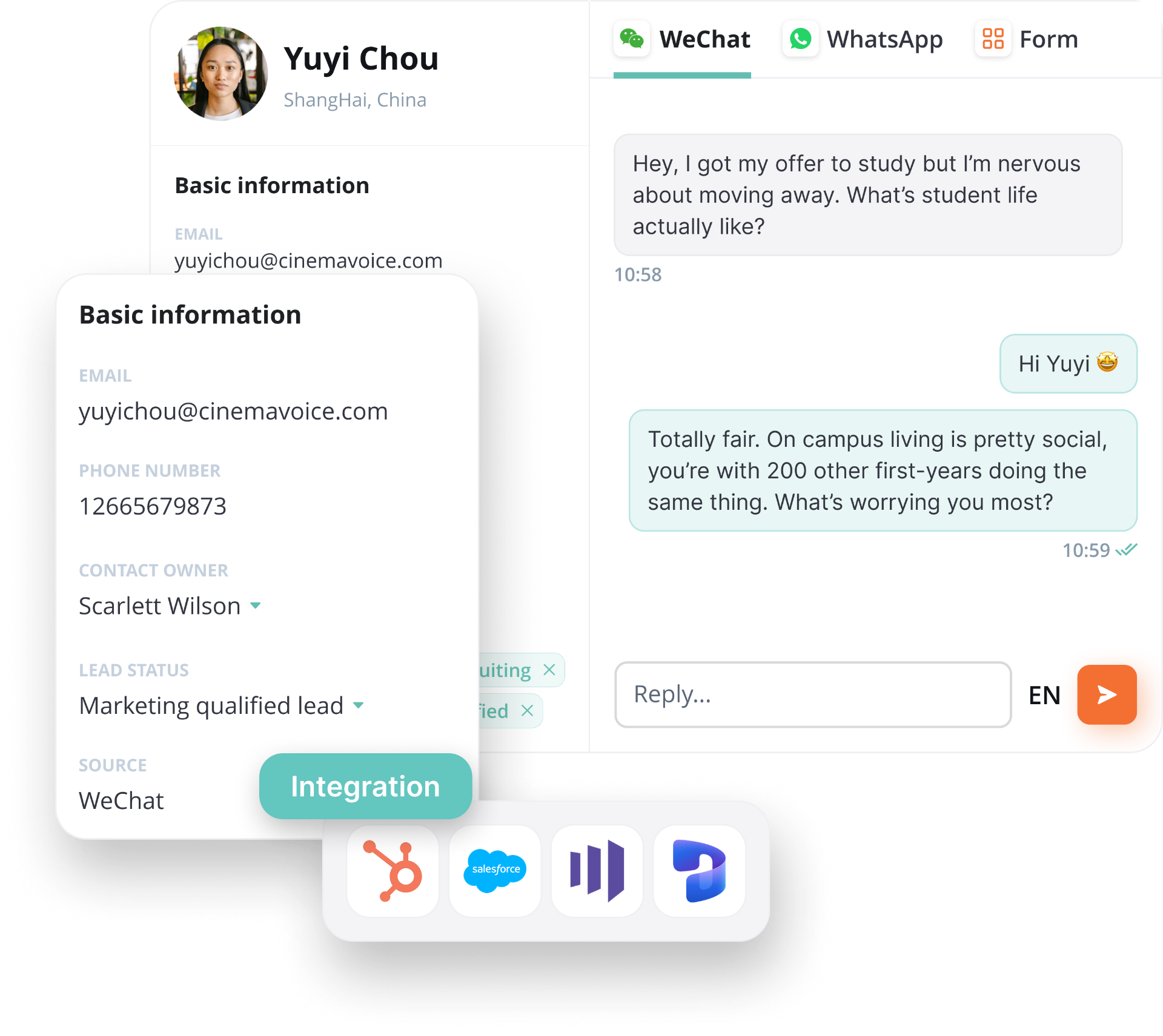 Student profile with contact details beside their WeChat, WhatsApp and form conversation history