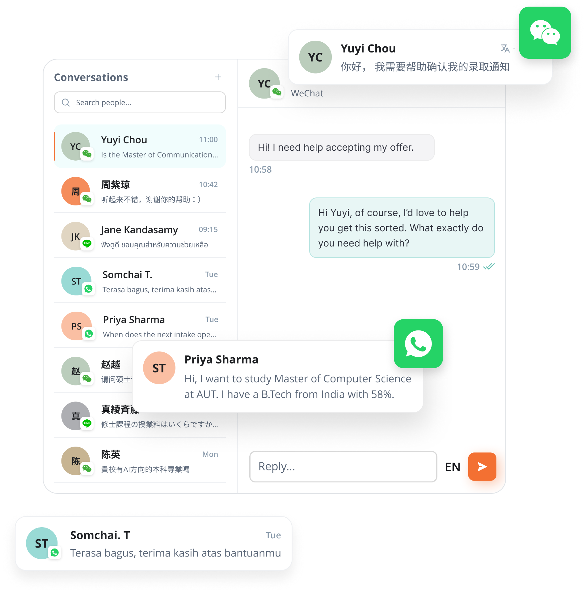 Shared inbox with WeChat and WhatsApp conversations from many students