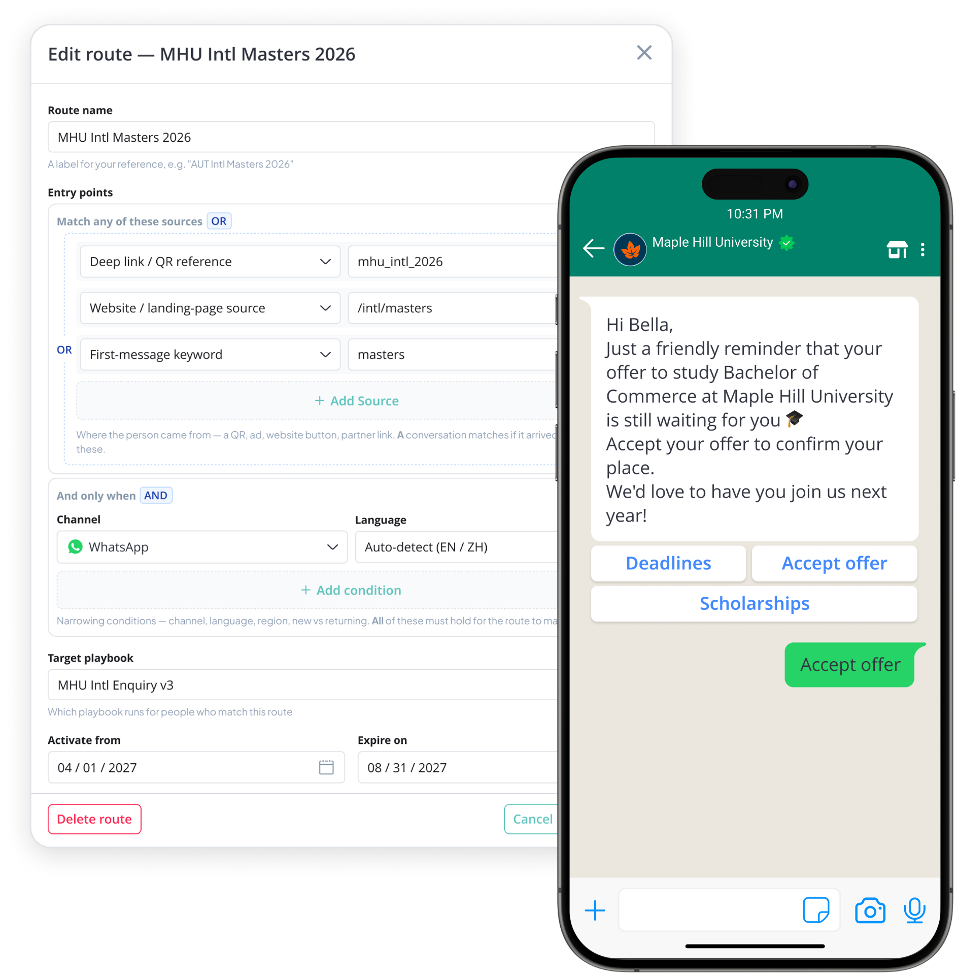 Automated workflow editor beside the WhatsApp message it sends