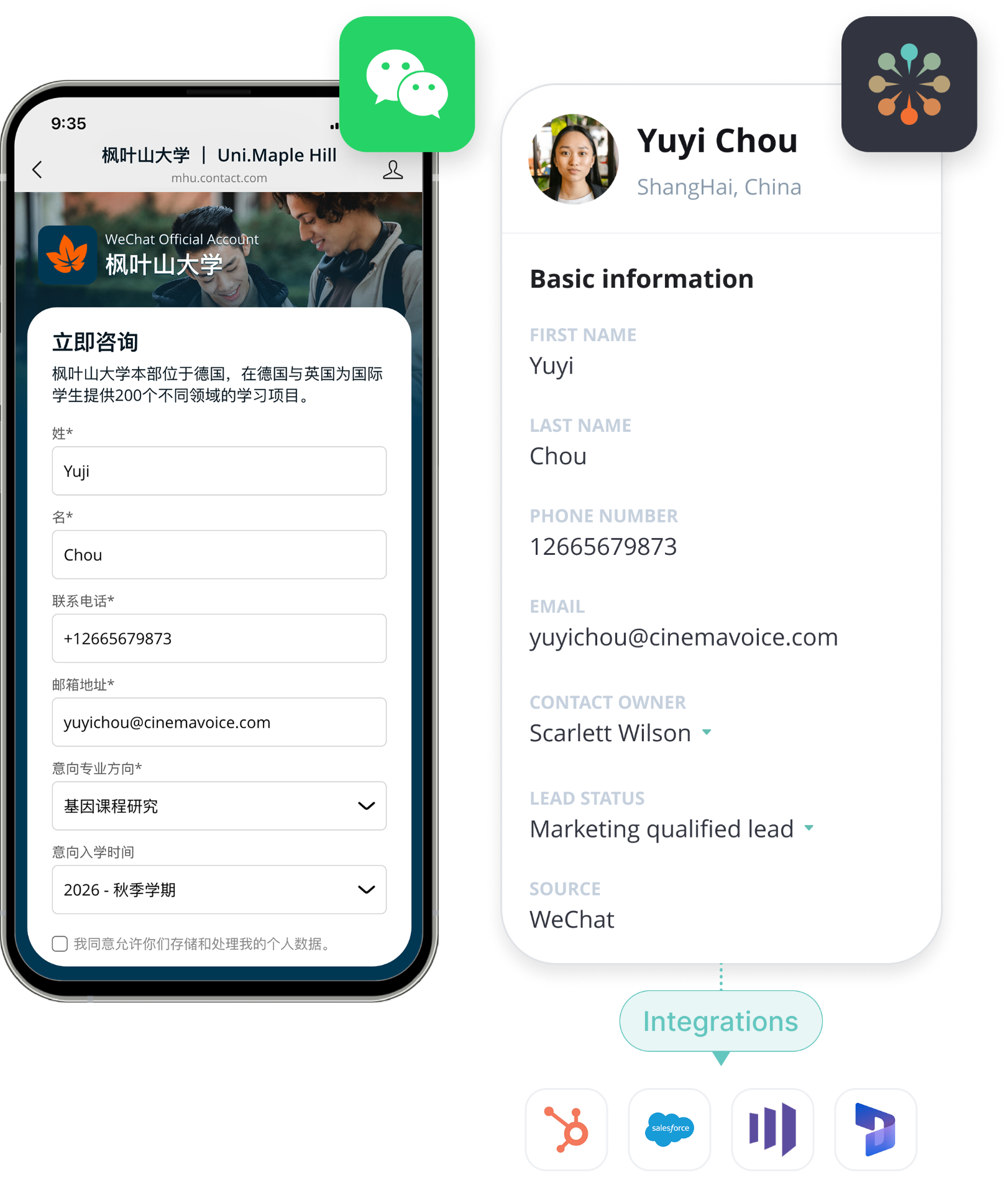 Student lead details from a WeChat chat synced to CRM integrations